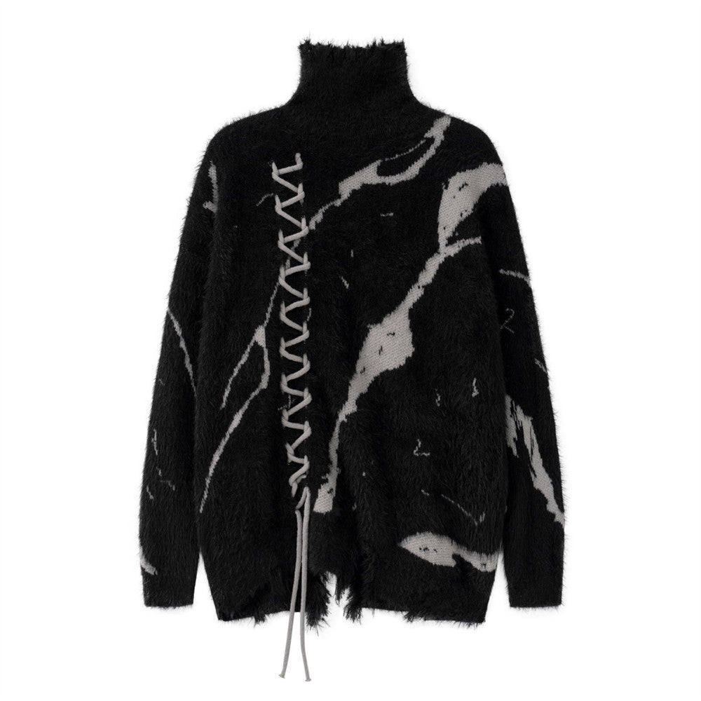 Tear Destruction Lace-up Turtleneck Sweater Boys Autumn Lazy Style Jacquard Sweater Trendy Brand Loose Pullover Sweater