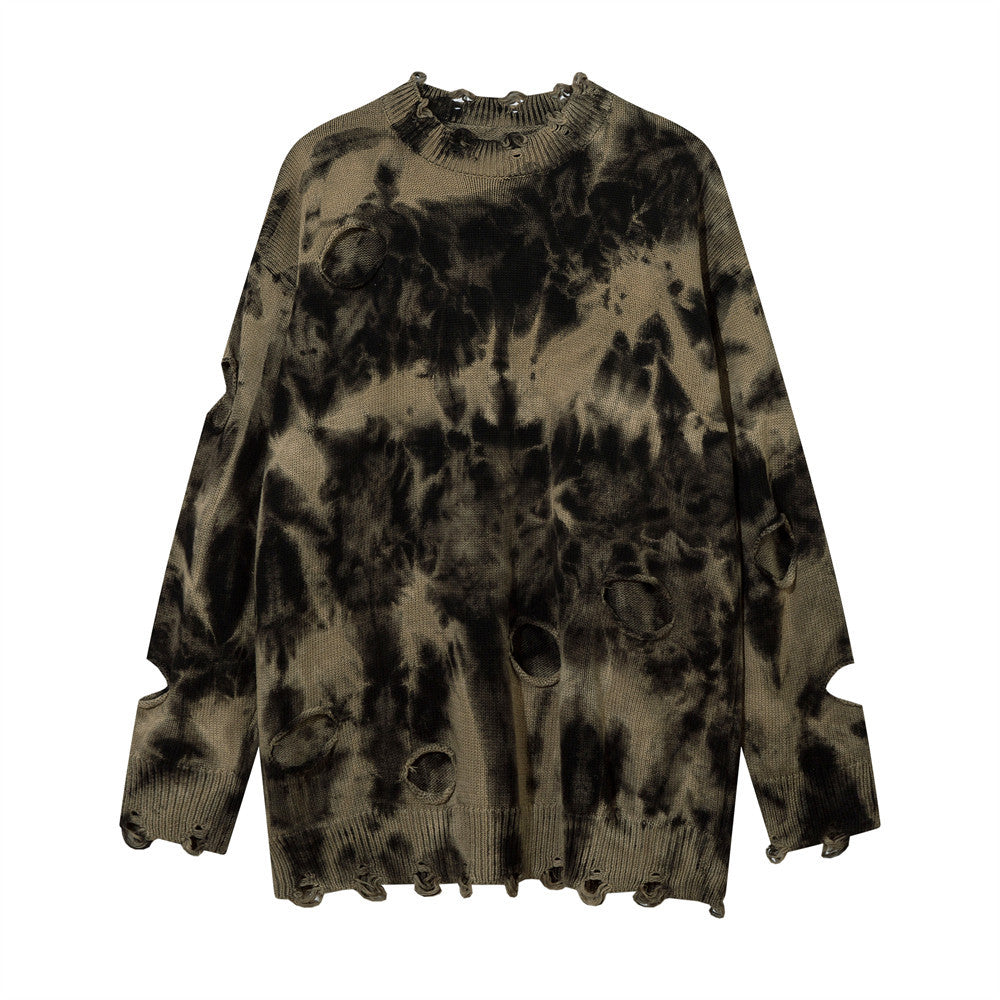 European And American Hip-Hop Tie-Dye Crewneck Sweater Men's Dirty Distressed Crochet Turtleneck Sweater Lazy Trend Autumn