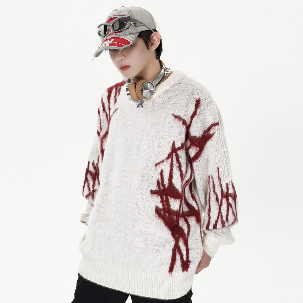 High Street Trendy Brand Graffiti Embroidered Crewneck Sweater Men's Hip Hop Design Sense Niche Loose Pullover Sweater Sweater