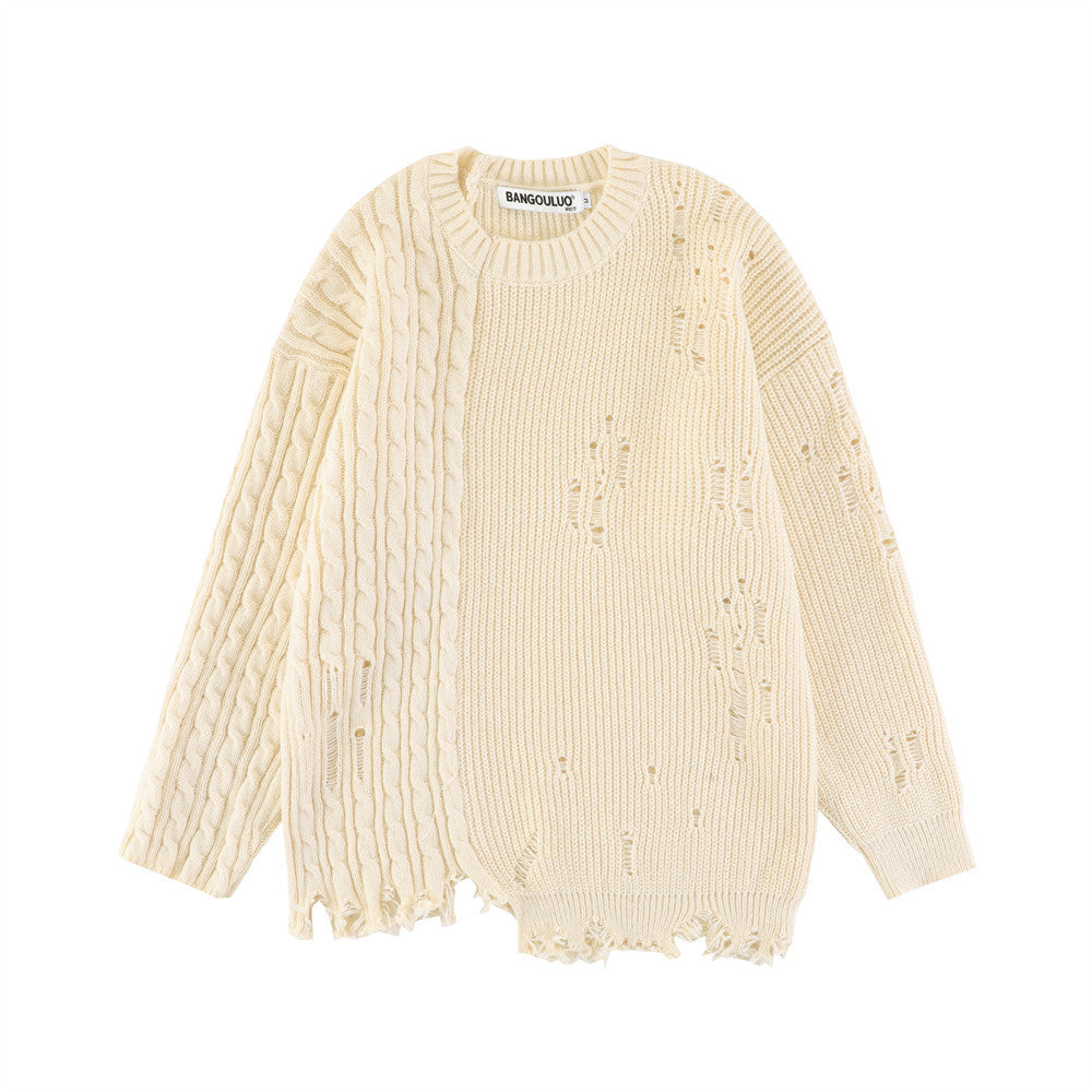 Twist Knitted Crochet Holed Solid Color Pullover Sweater Men's Trendy Hip-Hop Loose Design Knitted Top