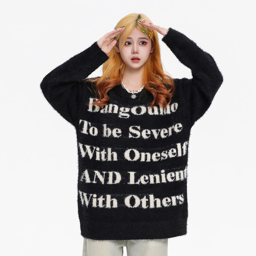Full Print Letter Printed Loose Round Neck Sweater For Men And Women Spring And Autumn European And American Hip-Hop Trendy Pullover Knitted Sweater