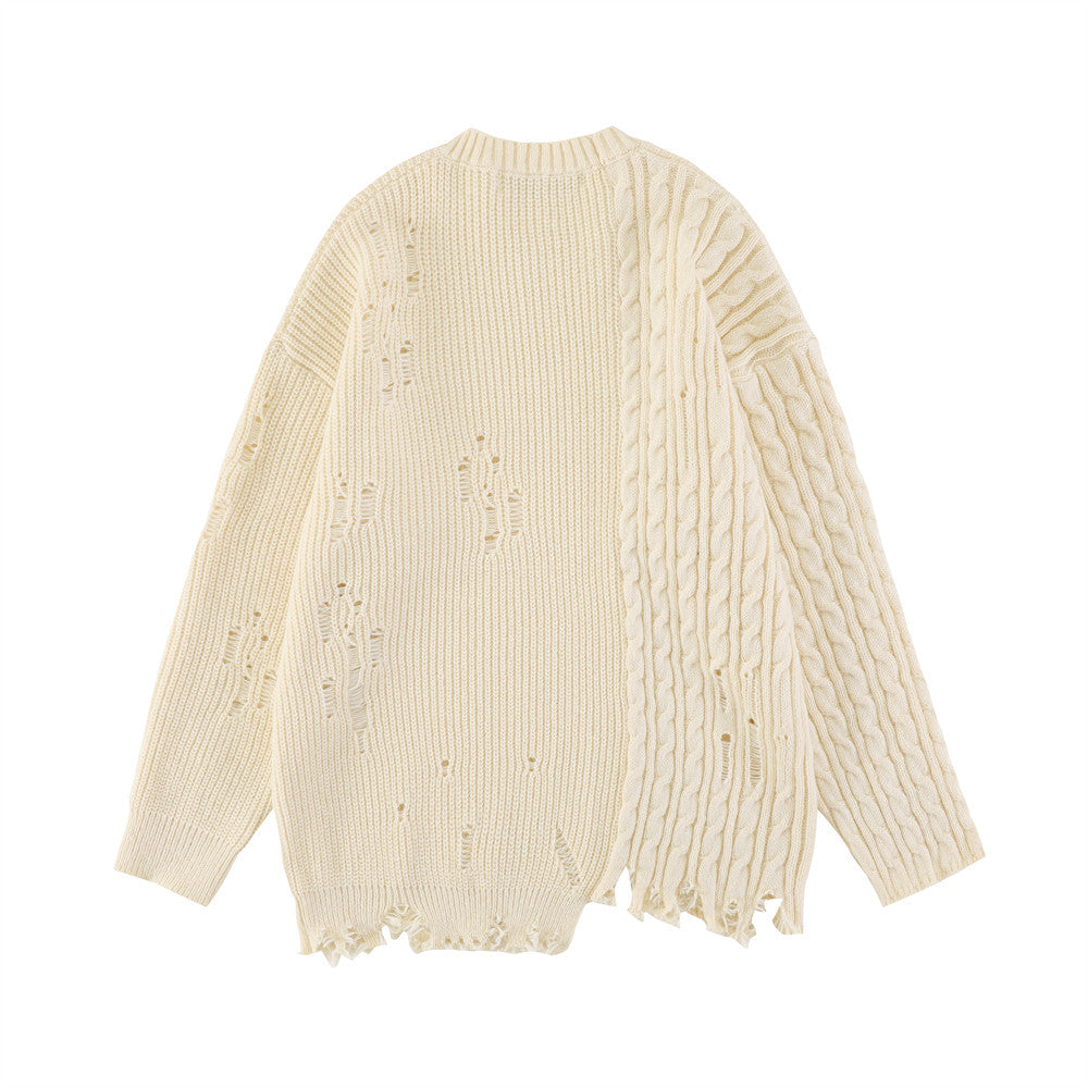 Twist Knitted Crochet Holed Solid Color Pullover Sweater Men's Trendy Hip-Hop Loose Design Knitted Top