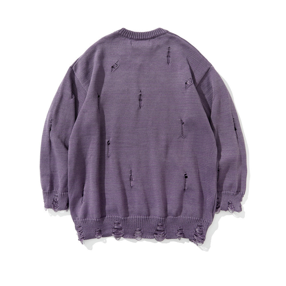 Diablo Letter Printed Beggar's Ripped Sweater Men's Ins High Street Trendy Brand Loose Round Neck Pullover Sweater