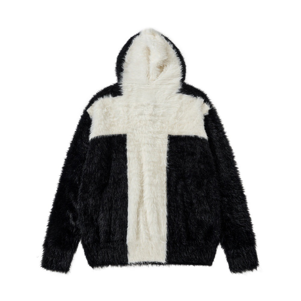 Men's Autumn And Winter Imitation Mink Fleece Hooded Knitted Coat Trendy Brand Contrast Color Cross Fleece-lined Double-head Zipper Cardigan Sweater