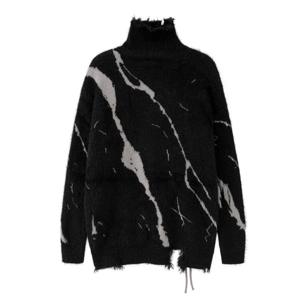 Tear Destruction Lace-up Turtleneck Sweater Boys Autumn Lazy Style Jacquard Sweater Trendy Brand Loose Pullover Sweater