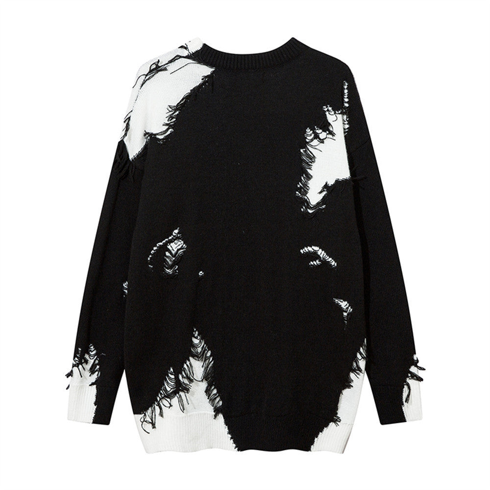 Colorblock Fur Crewneck Sweater Men's Street Hip-Hop Destruction Niche Loose Casual Autumn Pullover Sweater
