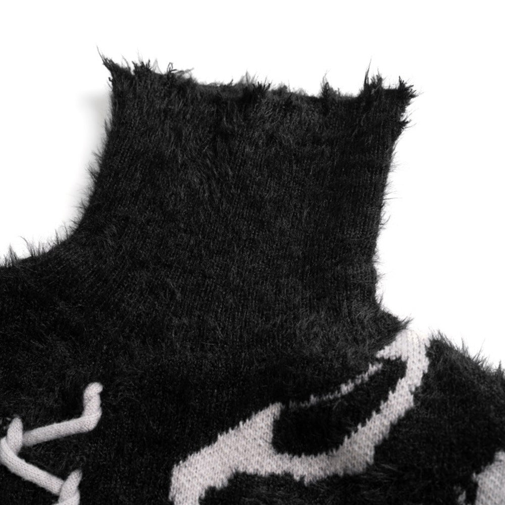 Tear Destruction Lace-up Turtleneck Sweater Boys Autumn Lazy Style Jacquard Sweater Trendy Brand Loose Pullover Sweater