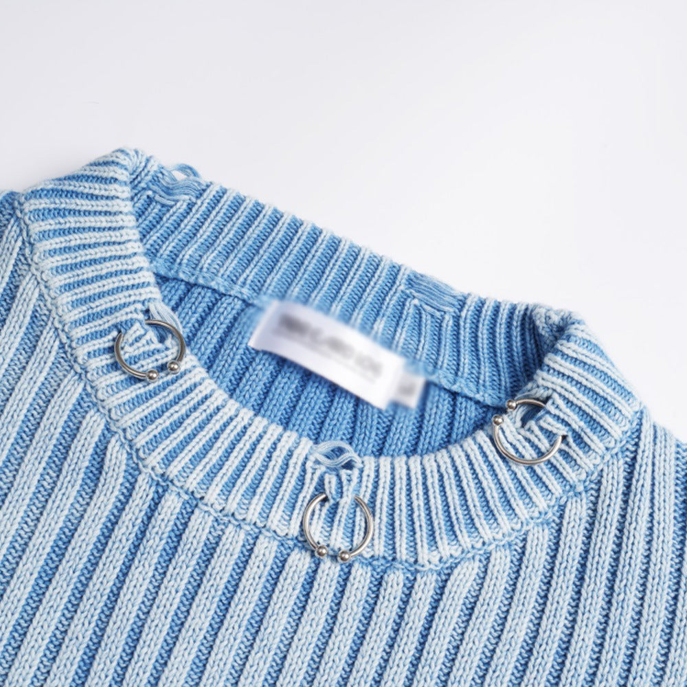 Lazy Style Pit Distressed Ripped Crewneck Sweater Men's Punk Hip-Hop Fashionable Loose Pullover Knit Sweater Sweater