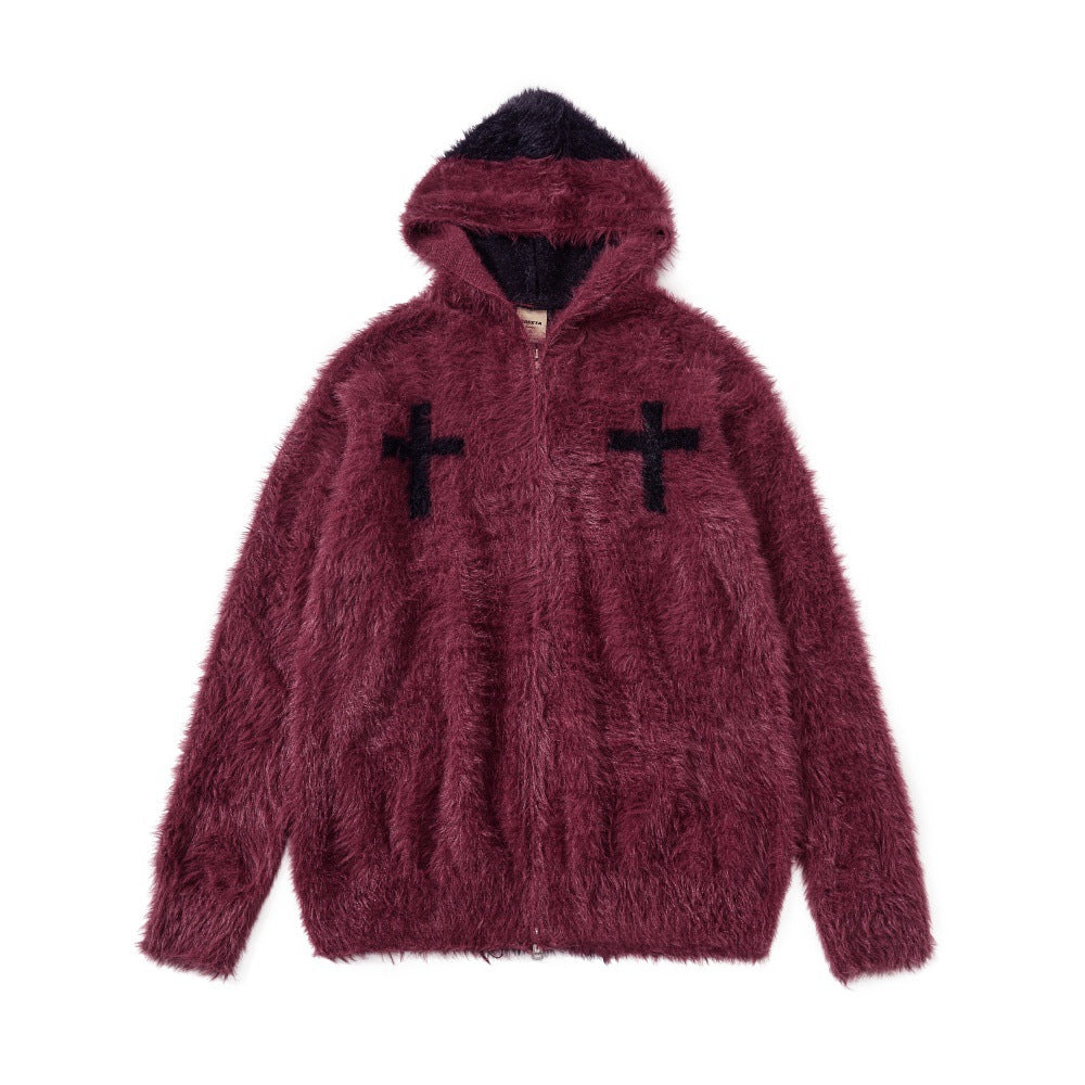 Men's Autumn And Winter Imitation Mink Fleece Hooded Knitted Coat Trendy Brand Contrast Color Cross Fleece-lined Double-head Zipper Cardigan Sweater