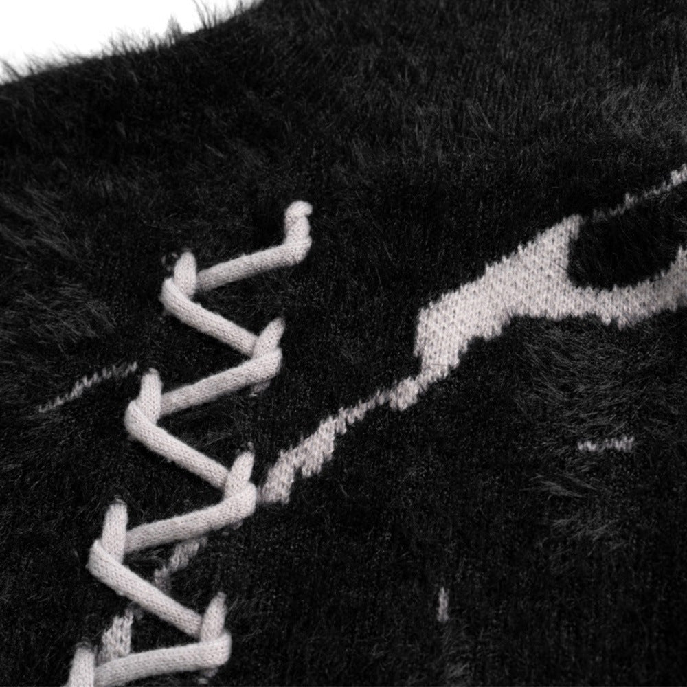 Tear Destruction Lace-up Turtleneck Sweater Boys Autumn Lazy Style Jacquard Sweater Trendy Brand Loose Pullover Sweater