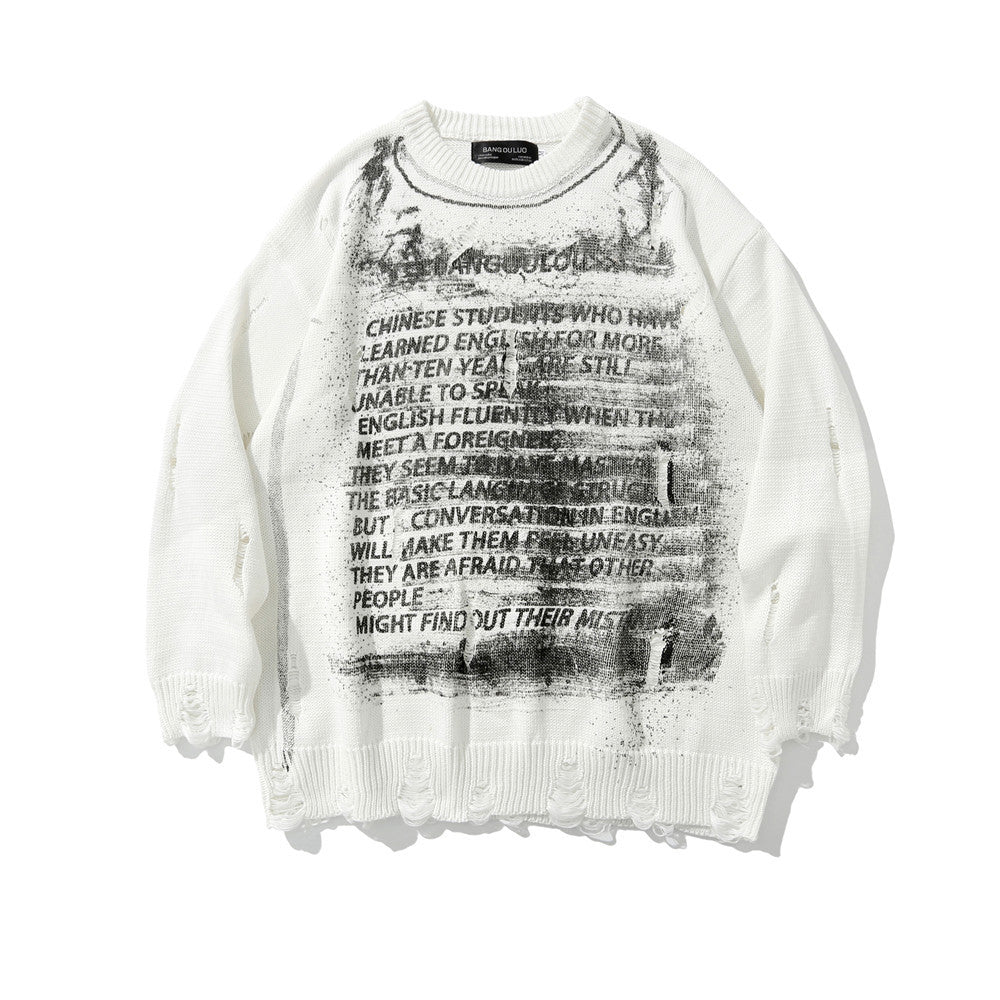 Diablo Letter Printed Beggar's Ripped Sweater Men's Ins High Street Trendy Brand Loose Round Neck Pullover Sweater