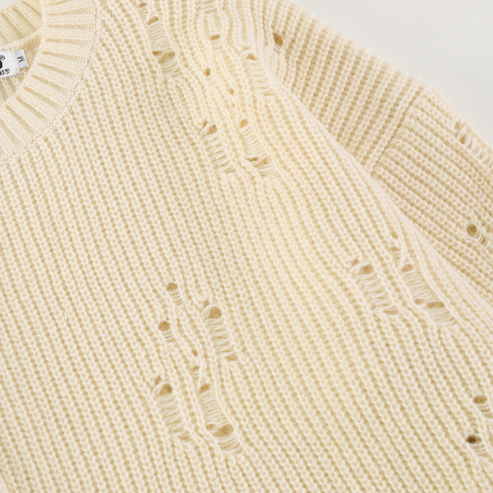 Twist Knitted Crochet Holed Solid Color Pullover Sweater Men's Trendy Hip-Hop Loose Design Knitted Top
