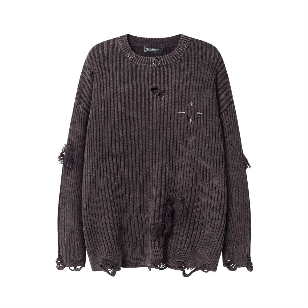 Lazy Style Pit Distressed Ripped Crewneck Sweater Men's Punk Hip-Hop Fashionable Loose Pullover Knit Sweater Sweater