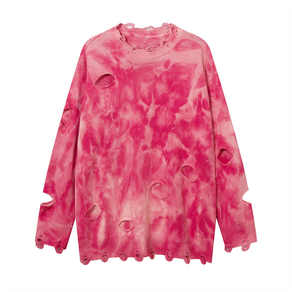 European And American Hip-Hop Tie-Dye Crewneck Sweater Men's Dirty Distressed Crochet Turtleneck Sweater Lazy Trend Autumn