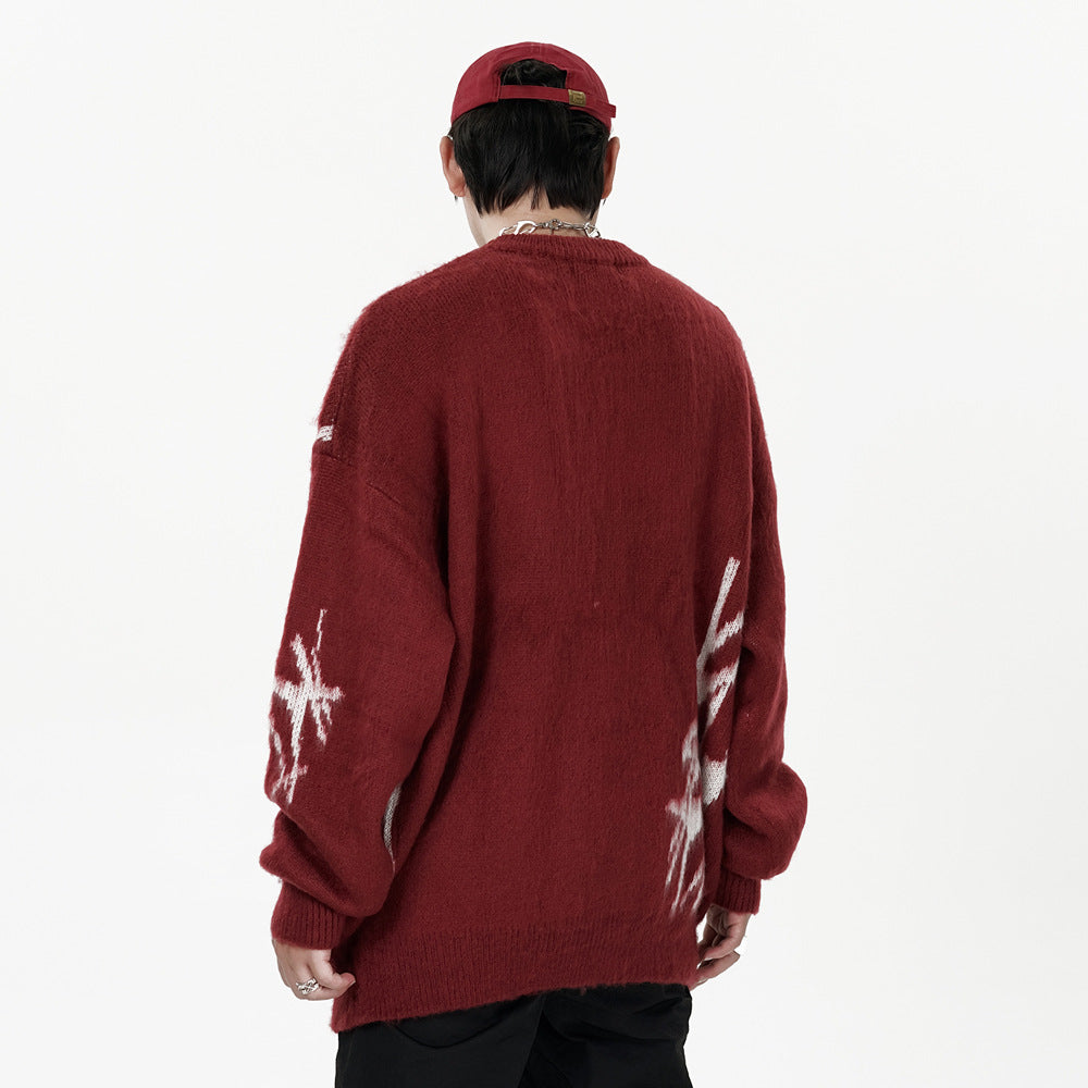 High Street Trendy Brand Graffiti Embroidered Crewneck Sweater Men's Hip Hop Design Sense Niche Loose Pullover Sweater Sweater