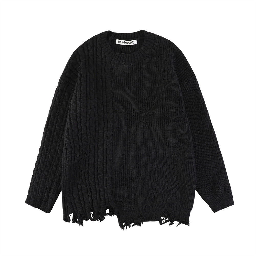 Twist Knitted Crochet Holed Solid Color Pullover Sweater Men's Trendy Hip-Hop Loose Design Knitted Top