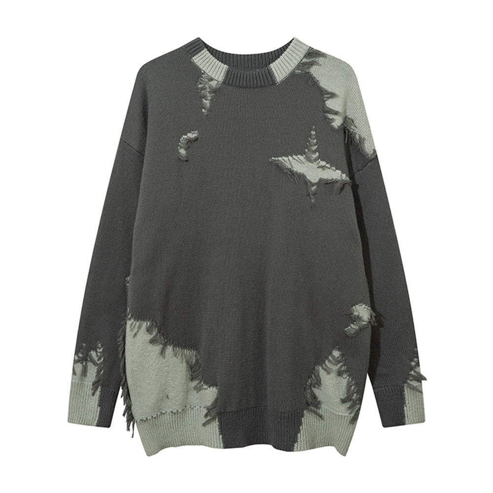 Colorblock Fur Crewneck Sweater Men's Street Hip-Hop Destruction Niche Loose Casual Autumn Pullover Sweater