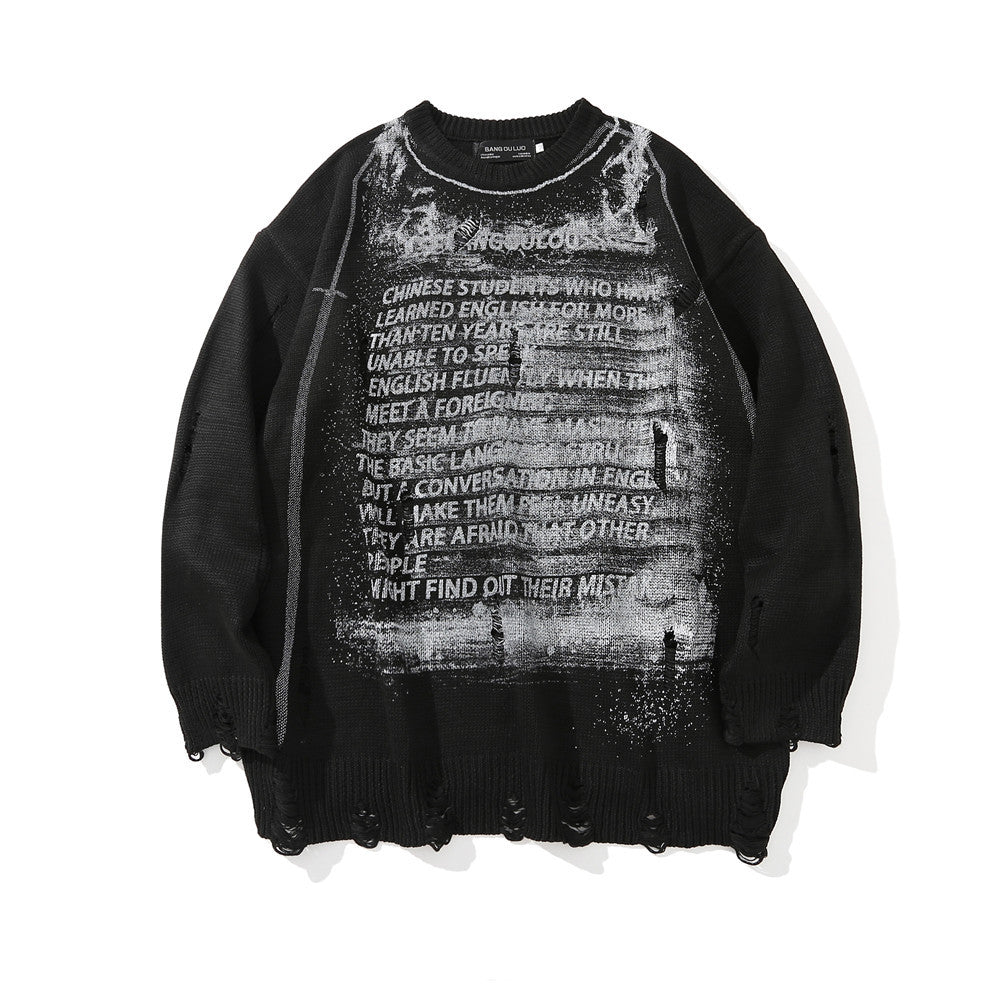 Diablo Letter Printed Beggar's Ripped Sweater Men's Ins High Street Trendy Brand Loose Round Neck Pullover Sweater