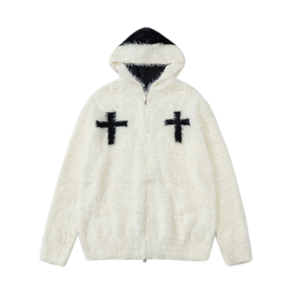 Men's Autumn And Winter Imitation Mink Fleece Hooded Knitted Coat Trendy Brand Contrast Color Cross Fleece-lined Double-head Zipper Cardigan Sweater