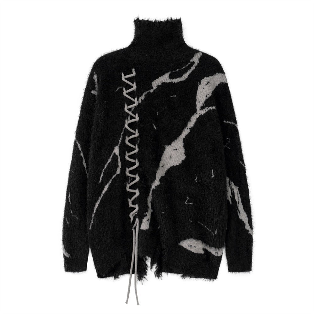 Tear Destruction Lace-up Turtleneck Sweater Boys Autumn Lazy Style Jacquard Sweater Trendy Brand Loose Pullover Sweater