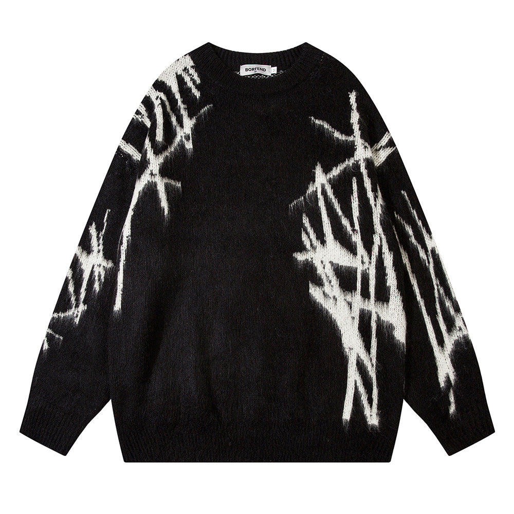High Street Trendy Brand Graffiti Embroidered Crewneck Sweater Men's Hip Hop Design Sense Niche Loose Pullover Sweater Sweater