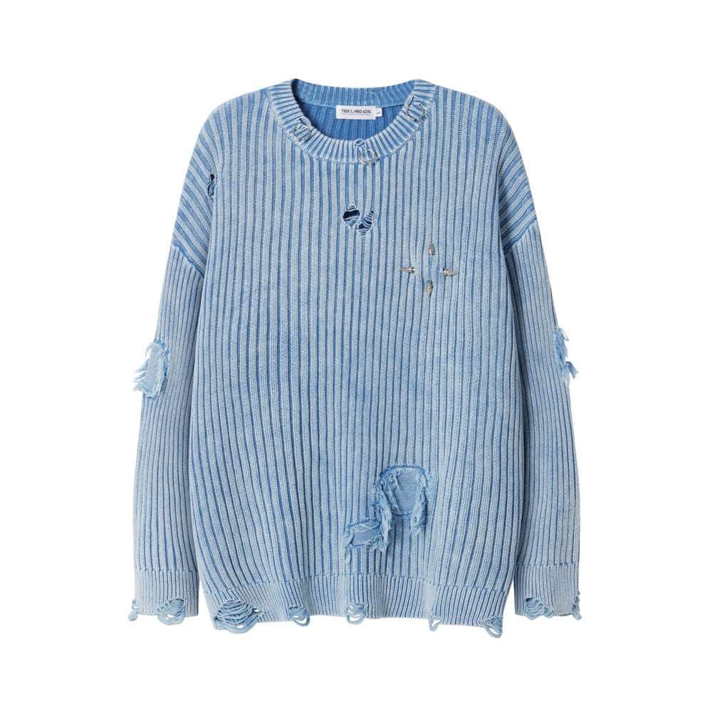 Lazy Style Pit Distressed Ripped Crewneck Sweater Men's Punk Hip-Hop Fashionable Loose Pullover Knit Sweater Sweater