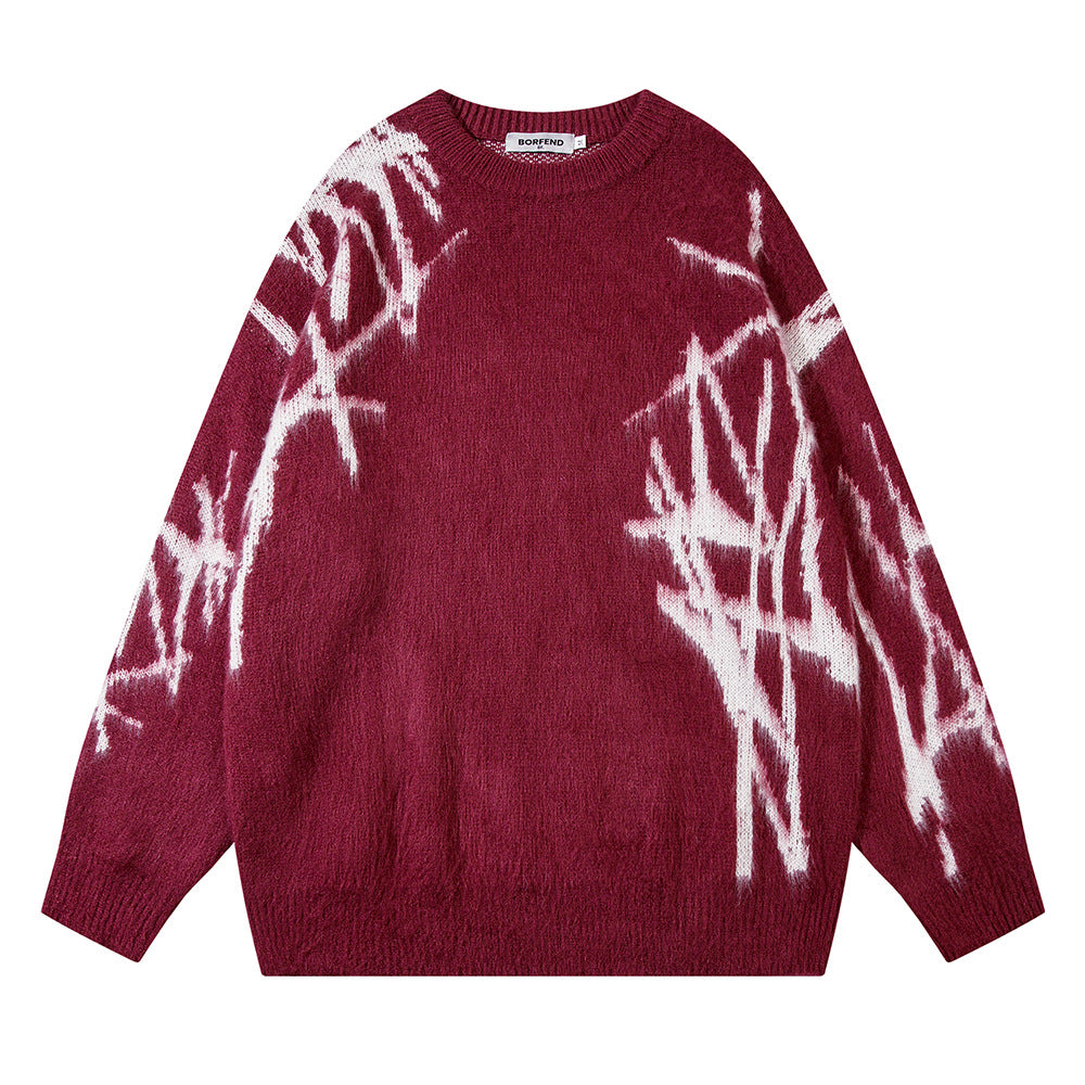 High Street Trendy Brand Graffiti Embroidered Crewneck Sweater Men's Hip Hop Design Sense Niche Loose Pullover Sweater Sweater