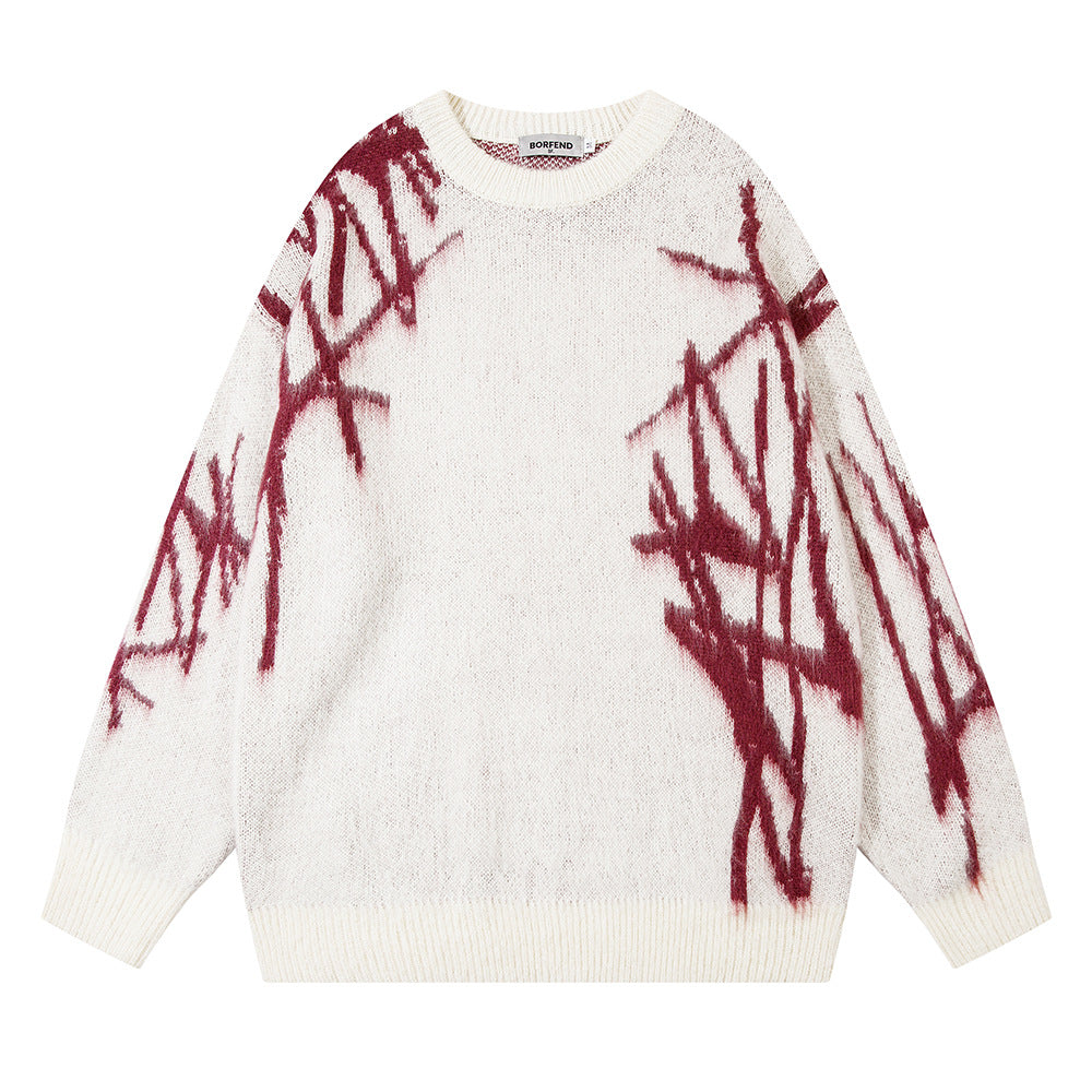 High Street Trendy Brand Graffiti Embroidered Crewneck Sweater Men's Hip Hop Design Sense Niche Loose Pullover Sweater Sweater