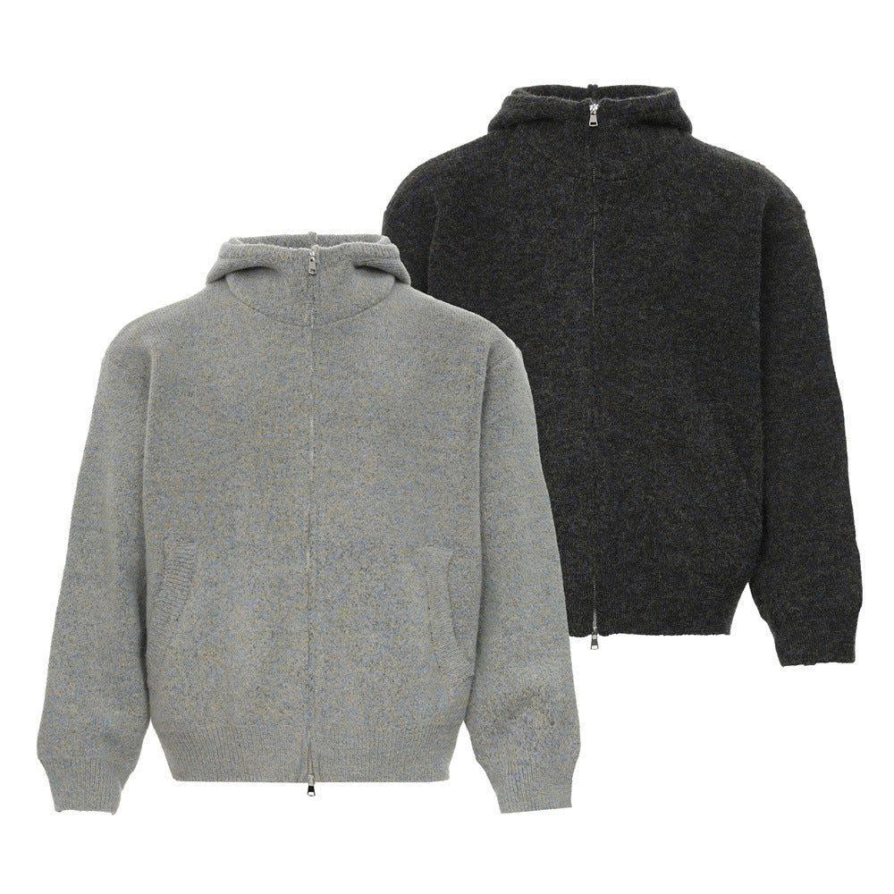 Solid Color Loose All-match Hooded High Collar Sweater Jacket Men's Autumn And Winter Thickened Two-way Zipper Cardigan Sweater Trendy