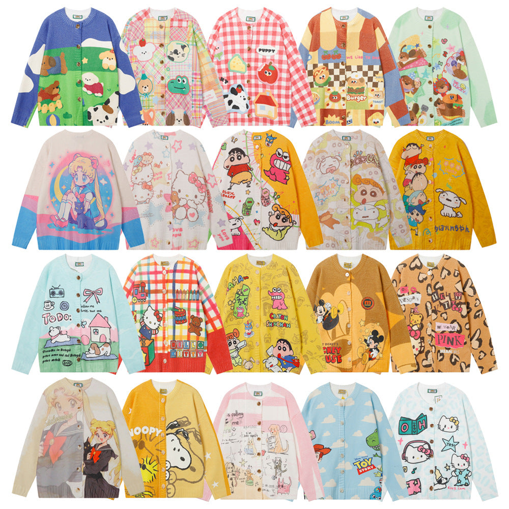 Fun Cartoon Full Print Cardigan Crewneck Sweater Hip Hop Trendy Niche Loose Casual Long Sleeve Sweater Jacket For Men