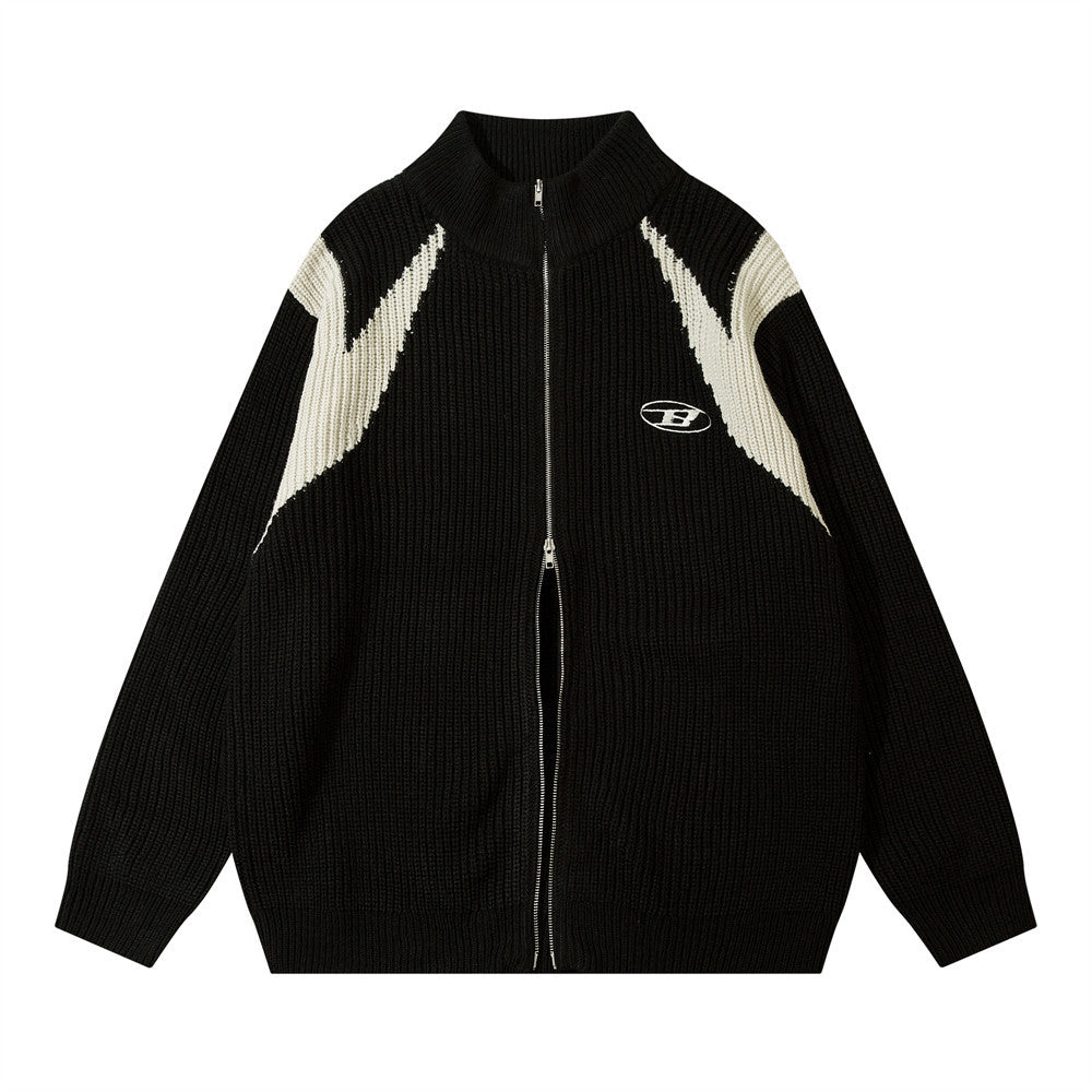 American Color Block Zipper Cardigan Sweater Men's Autumn Street Fashion Brand Long Sleeve Lazy Style Loose Knitted Sweater