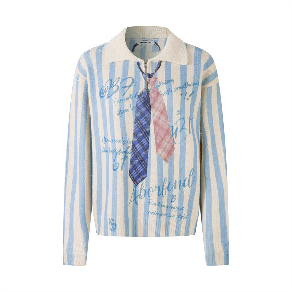 Vertical Stripe Long Sleeve Lel Knit Top Hip-Hop Fashionable Men's Fake Tie Graffiti Print POLO Neck Sweater