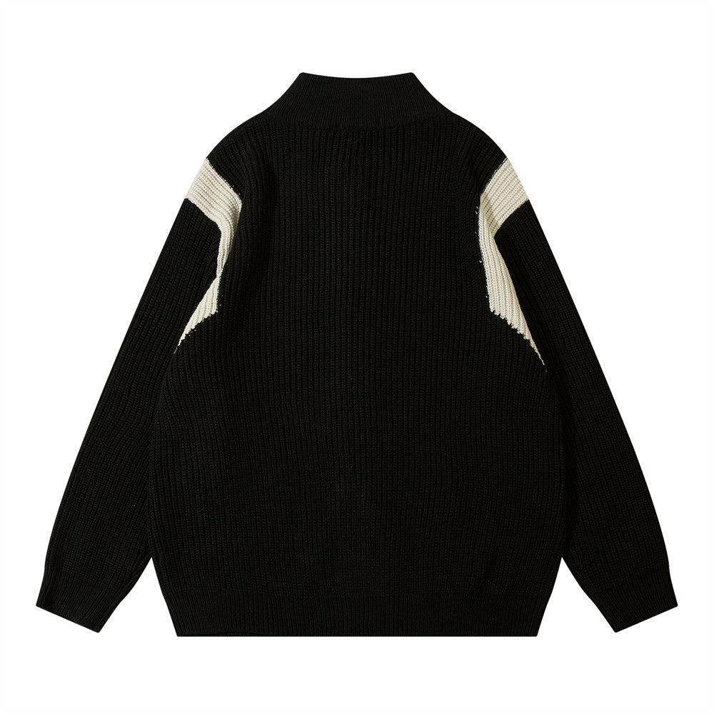 American Color Block Zipper Cardigan Sweater Men's Autumn Street Fashion Brand Long Sleeve Lazy Style Loose Knitted Sweater