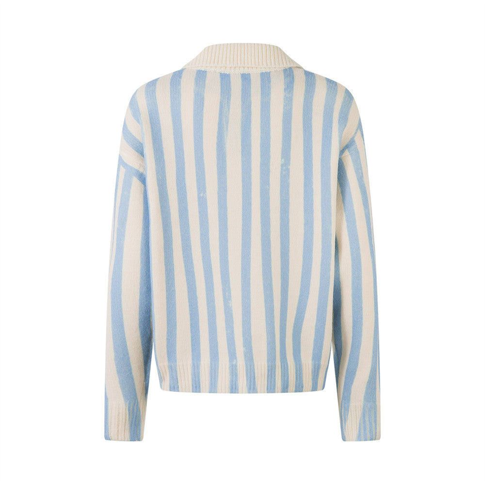 Vertical Stripe Long Sleeve Lel Knit Top Hip-Hop Fashionable Men's Fake Tie Graffiti Print POLO Neck Sweater