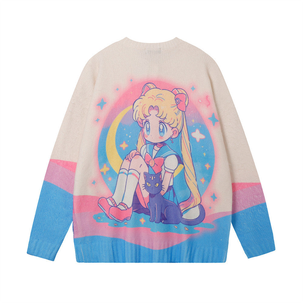 Fun Cartoon Full Print Cardigan Crewneck Sweater Hip Hop Trendy Niche Loose Casual Long Sleeve Sweater Jacket For Men