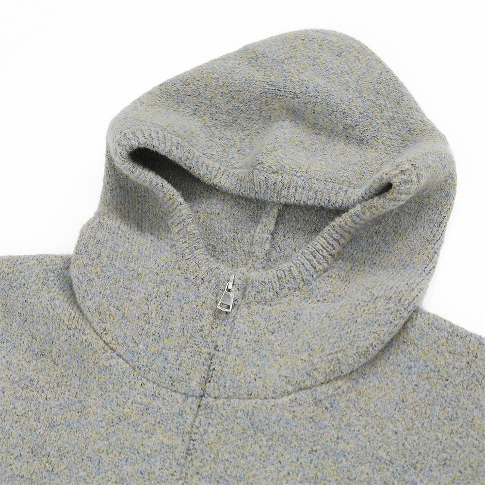 Solid Color Loose All-match Hooded High Collar Sweater Jacket Men's Autumn And Winter Thickened Two-way Zipper Cardigan Sweater Trendy