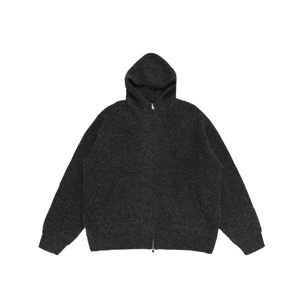 Solid Color Loose All-match Hooded High Collar Sweater Jacket Men's Autumn And Winter Thickened Two-way Zipper Cardigan Sweater Trendy