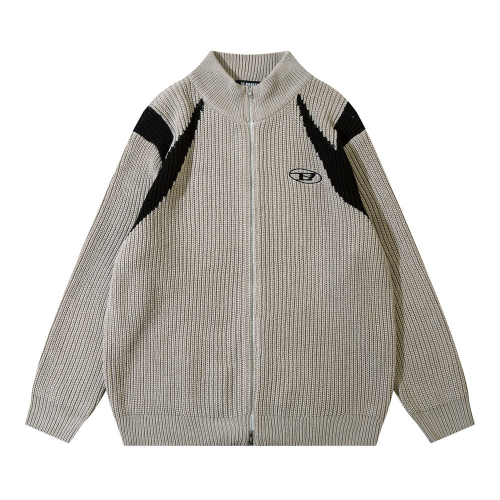 American Color Block Zipper Cardigan Sweater Men's Autumn Street Fashion Brand Long Sleeve Lazy Style Loose Knitted Sweater