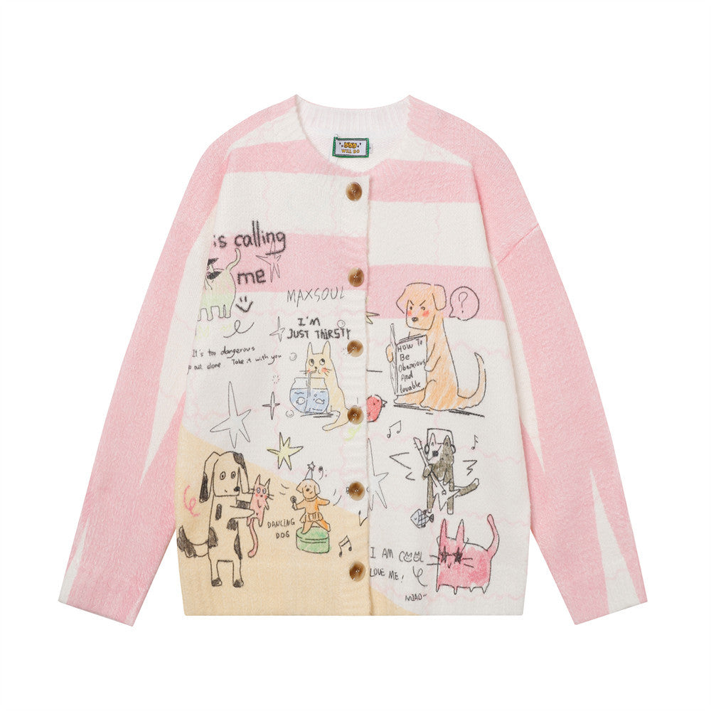 Fun Cartoon Full Print Cardigan Crewneck Sweater Hip Hop Trendy Niche Loose Casual Long Sleeve Sweater Jacket For Men