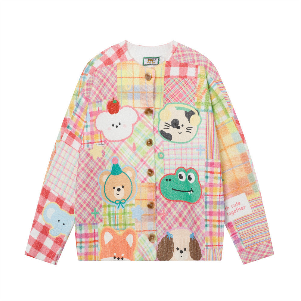Fun Cartoon Full Print Cardigan Crewneck Sweater Hip Hop Trendy Niche Loose Casual Long Sleeve Sweater Jacket For Men