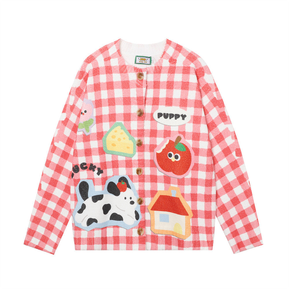 Fun Cartoon Full Print Cardigan Crewneck Sweater Hip Hop Trendy Niche Loose Casual Long Sleeve Sweater Jacket For Men