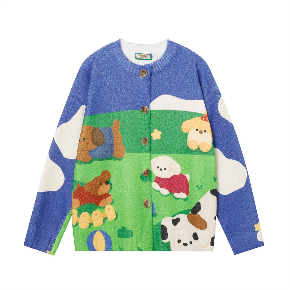 Fun Cartoon Full Print Cardigan Crewneck Sweater Hip Hop Trendy Niche Loose Casual Long Sleeve Sweater Jacket For Men