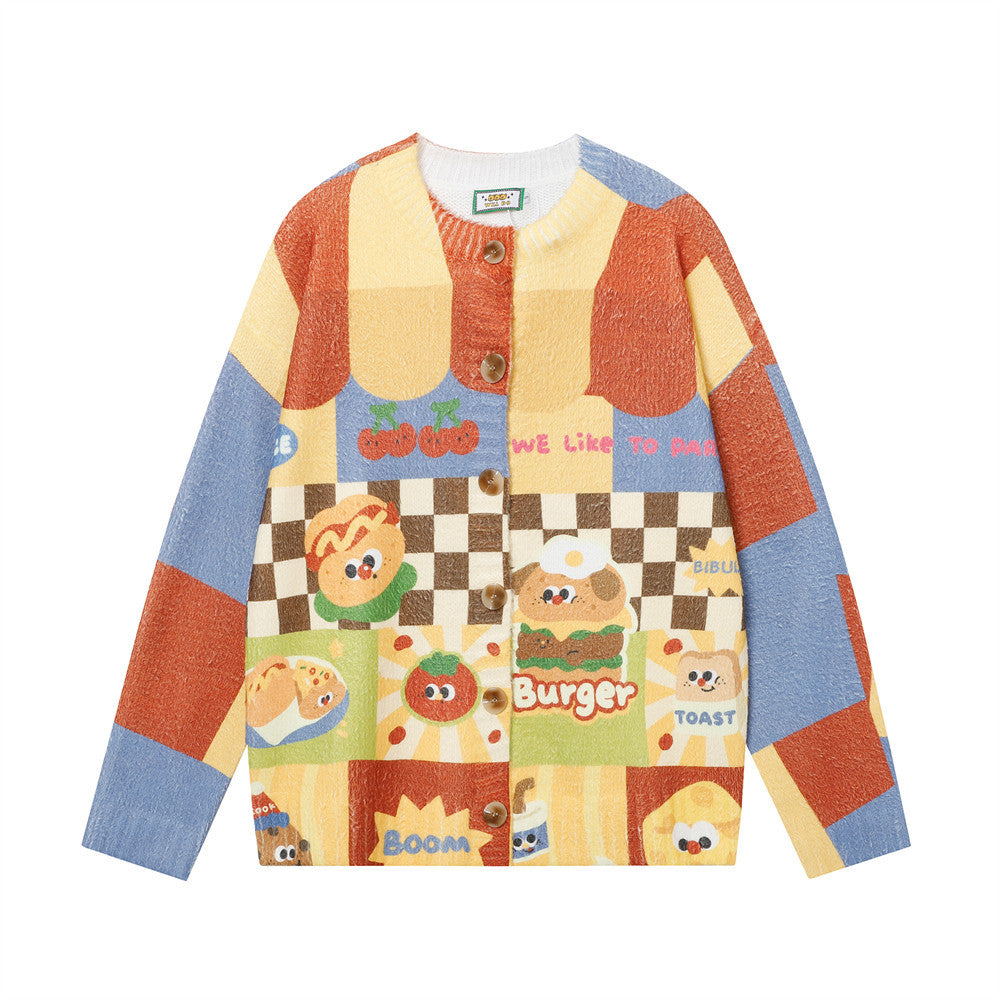 Fun Cartoon Full Print Cardigan Crewneck Sweater Hip Hop Trendy Niche Loose Casual Long Sleeve Sweater Jacket For Men
