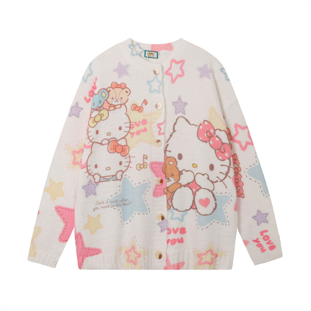 Fun Cartoon Full Print Cardigan Crewneck Sweater Hip Hop Trendy Niche Loose Casual Long Sleeve Sweater Jacket For Men