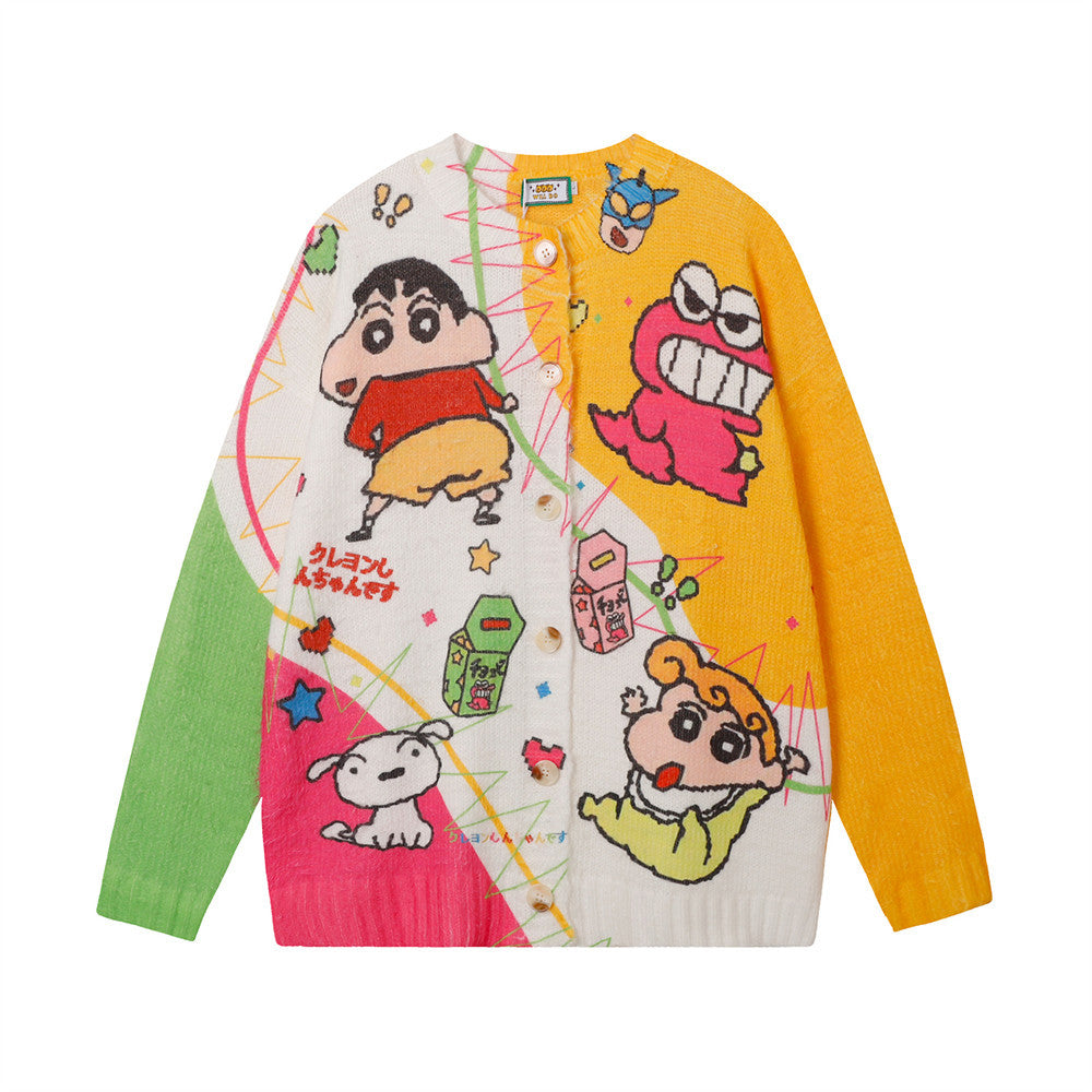 Fun Cartoon Full Print Cardigan Crewneck Sweater Hip Hop Trendy Niche Loose Casual Long Sleeve Sweater Jacket For Men