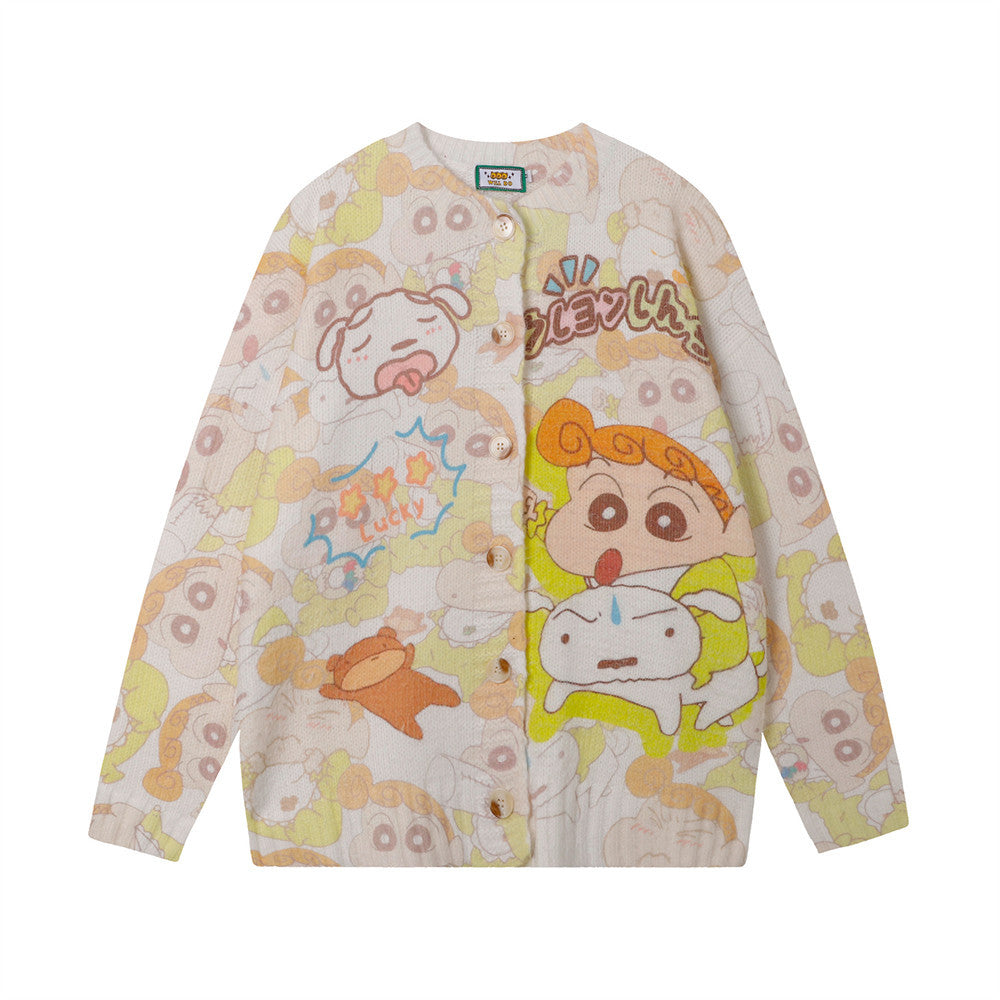 Fun Cartoon Full Print Cardigan Crewneck Sweater Hip Hop Trendy Niche Loose Casual Long Sleeve Sweater Jacket For Men