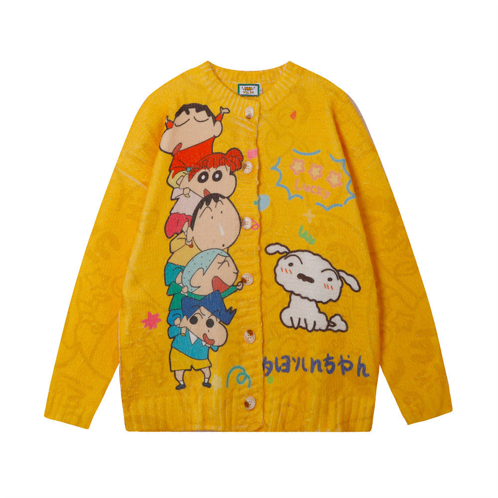 Fun Cartoon Full Print Cardigan Crewneck Sweater Hip Hop Trendy Niche Loose Casual Long Sleeve Sweater Jacket For Men