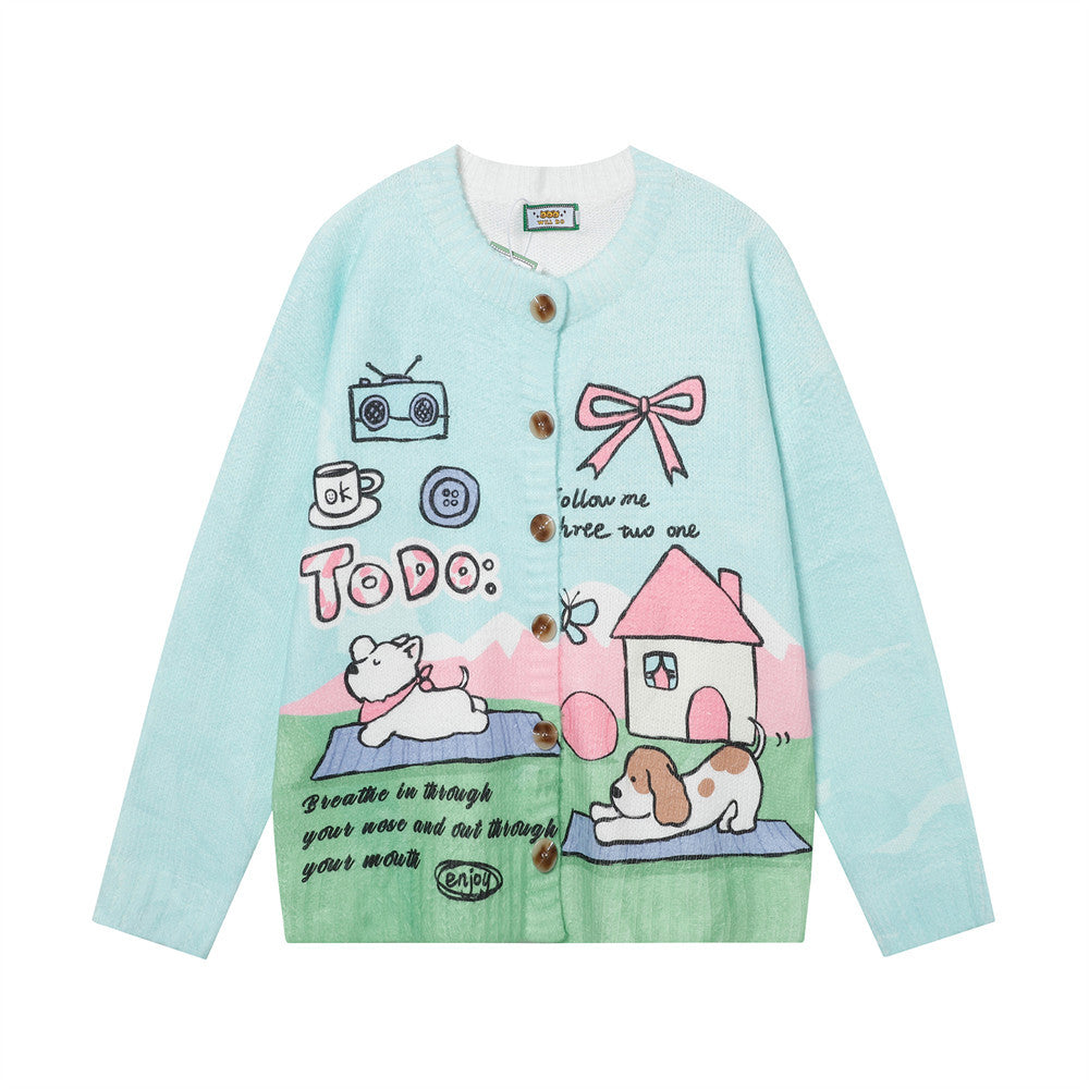 Fun Cartoon Full Print Cardigan Crewneck Sweater Hip Hop Trendy Niche Loose Casual Long Sleeve Sweater Jacket For Men