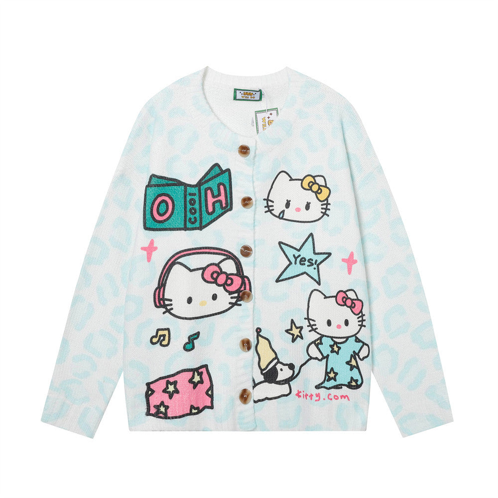 Fun Cartoon Full Print Cardigan Crewneck Sweater Hip Hop Trendy Niche Loose Casual Long Sleeve Sweater Jacket For Men