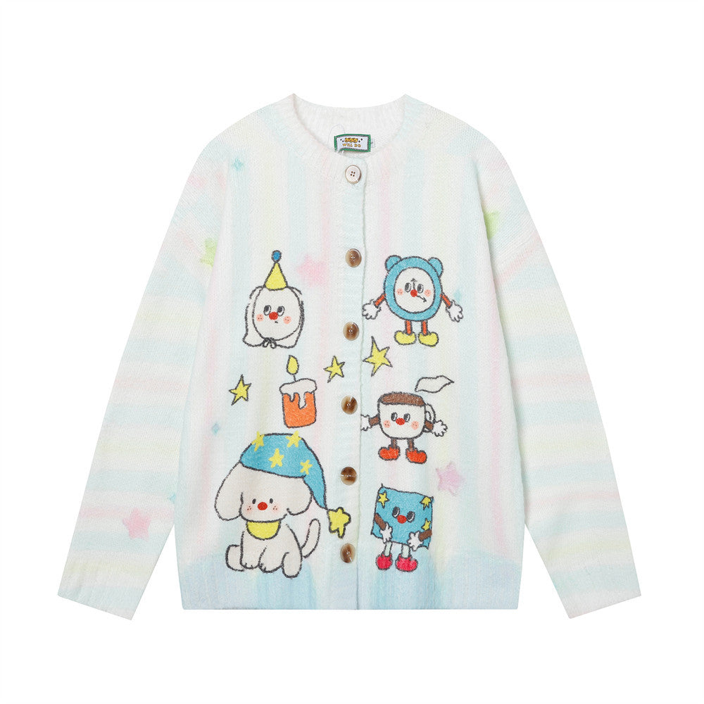 Fun Cartoon Full Print Cardigan Crewneck Sweater Hip Hop Trendy Niche Loose Casual Long Sleeve Sweater Jacket For Men